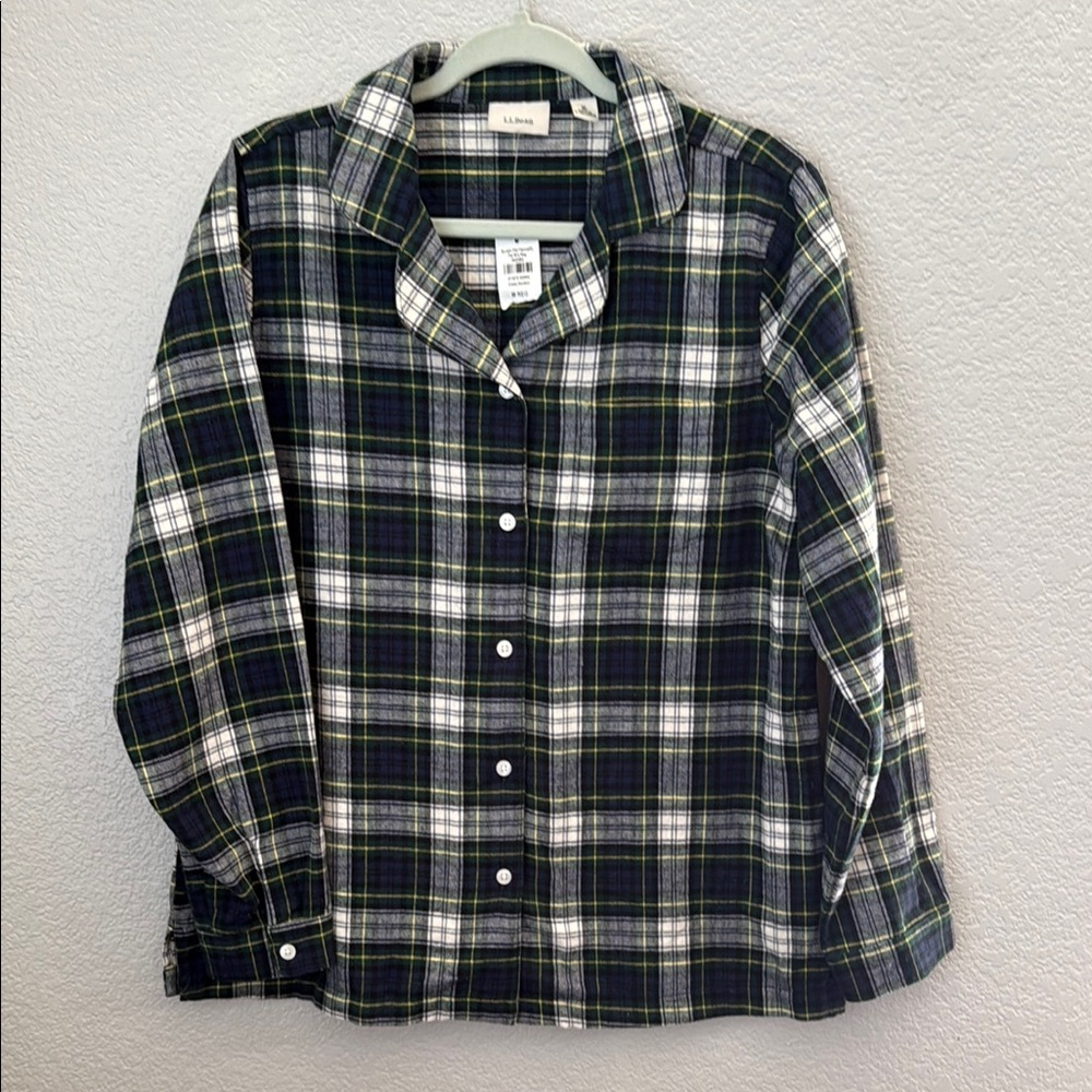 L.L. Bean Women's Plaid Pajama Top - Navy, White & Green